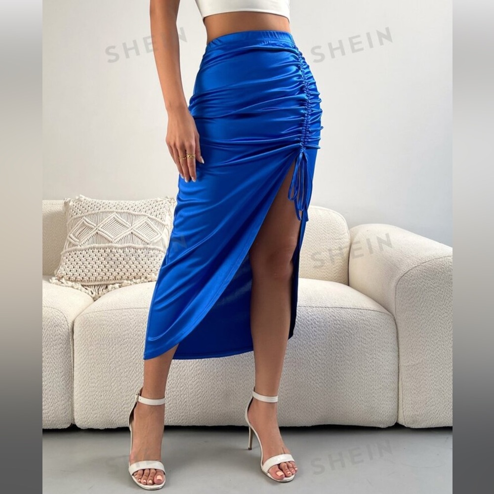 Shein Drawstring Front Ruched Split Thigh Satin Skirt